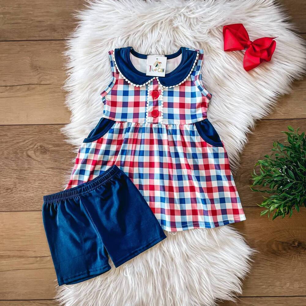 NEW TWOCAN girls americana plaid set in blue multi